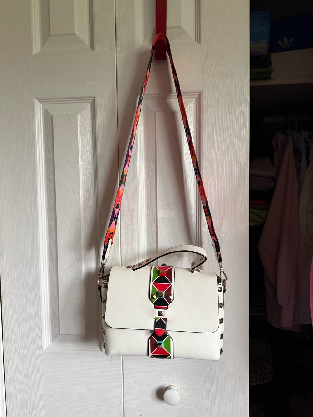 White Crossbody Bag with Colorblock Geometric Accent and Adjustable Strap